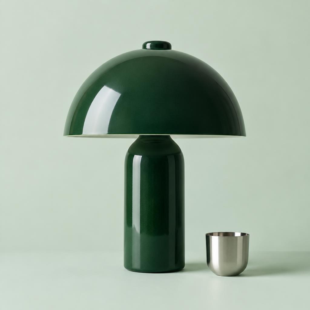 Forest-green dome table lamp on a mint backdrop