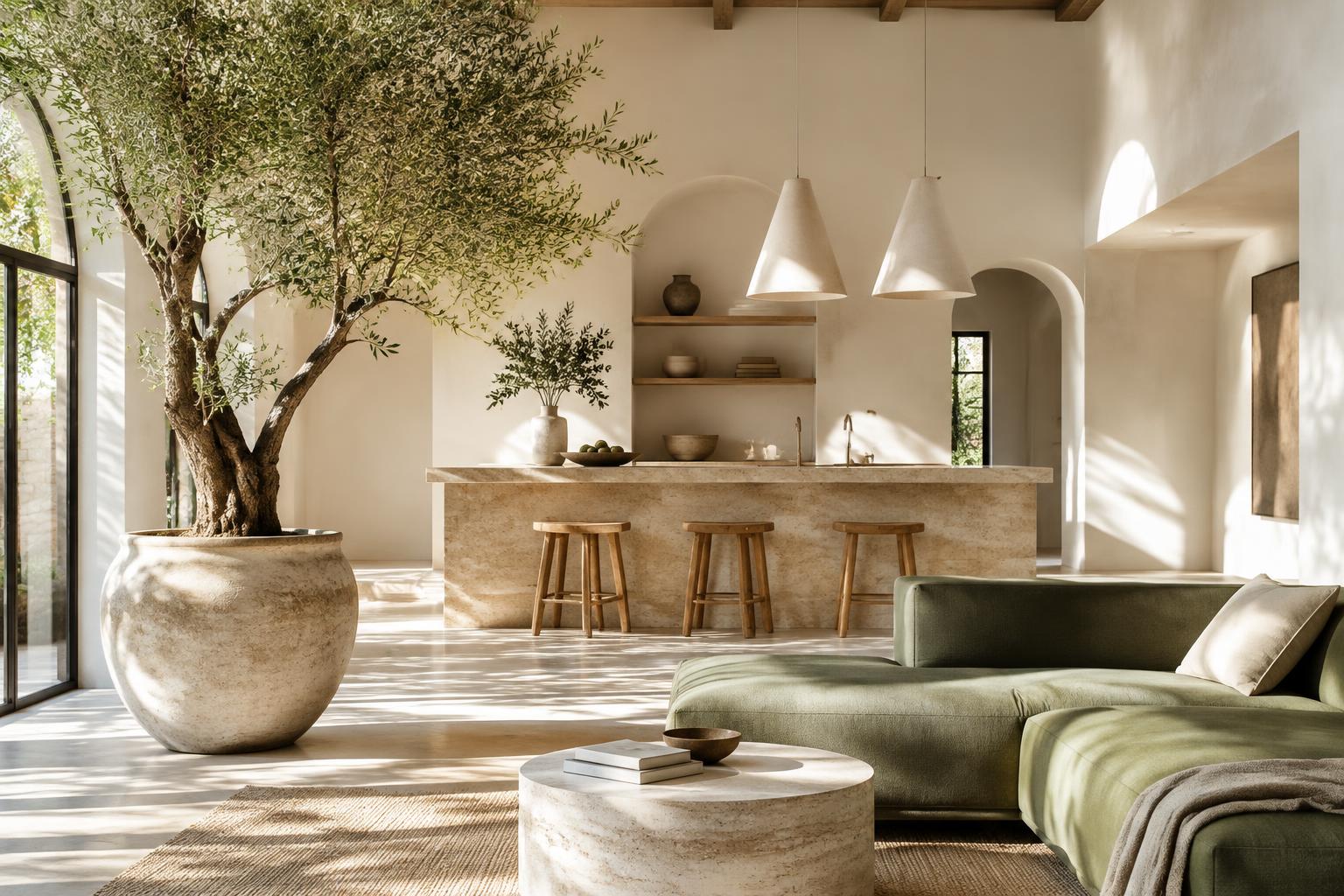 Sunlit contemporary interior with an olive tree and sculptural furnishings
